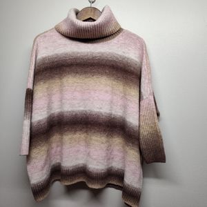 Loft Pullover Sweater Women Size M Pink Brown Stripes Wool Blend High Neck Fall